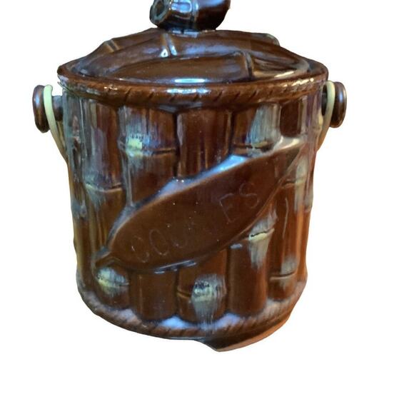 REDWARE 1960's Bamboo Cookie Biscuit Jar Rattan Handle JAPAN - Picture 5 of 8